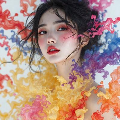 The primary subject of the image is a woman with long hair, who is wearing makeup and has a pink lipstick. She is posing for the camera, and her hair is blowing in the wind. The setting is a colorful background, which adds to the vibrant atmosphere of the photo. The visual style is a combination of a photo and digital art, creating a unique and artistic representation of the woman. The colors and mood of the image are predominantly pink and vibrant, giving